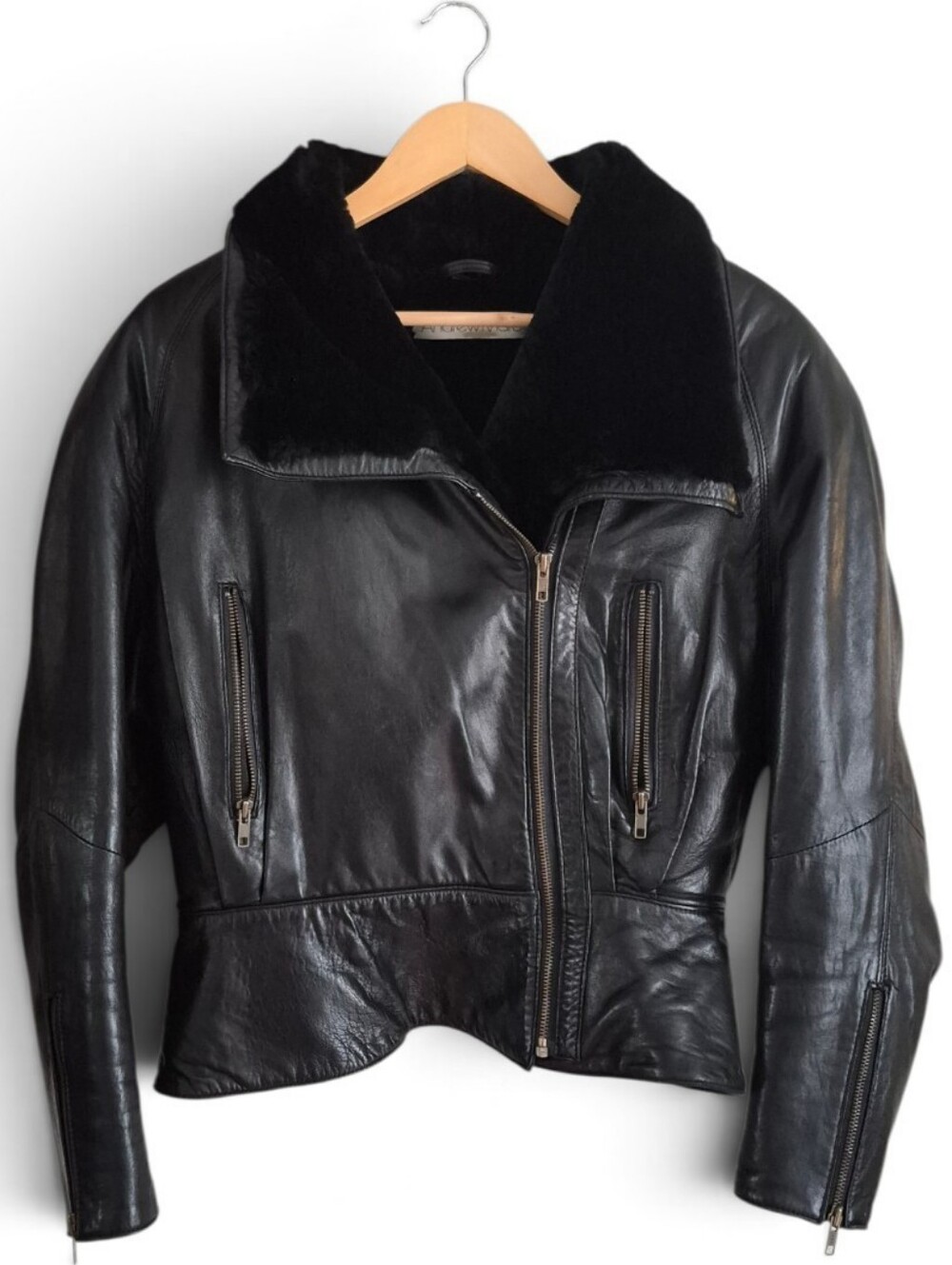 Vintage 80s 90s Andrew Marc Black Leather Mouton Shearling Bomber Moto Jacket M